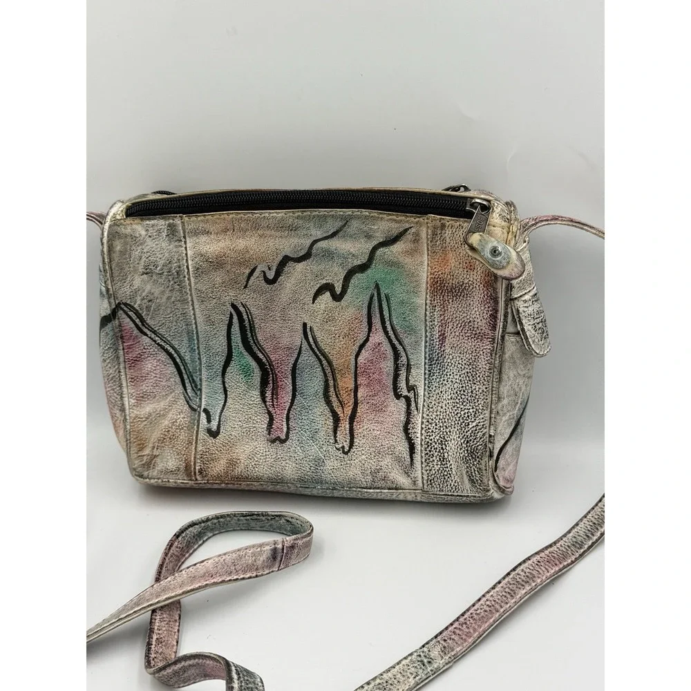 Vintage Botary Abstract Art Leather Crossbody Bag Hand Painted Pockets 90's